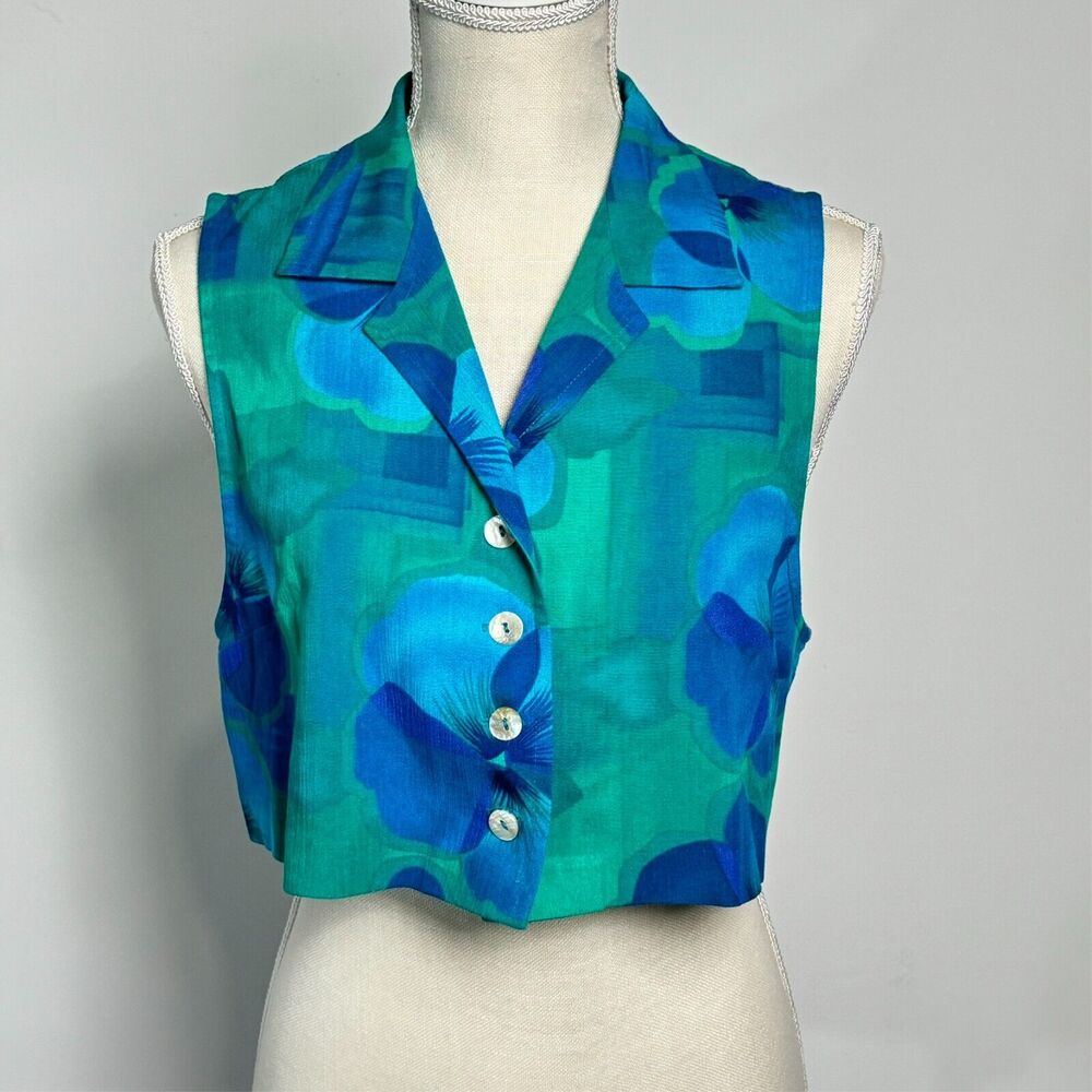 Vintage Y2K Karin‎ Stevens Floral Cropped Vest Blue Green Collar B Size 6